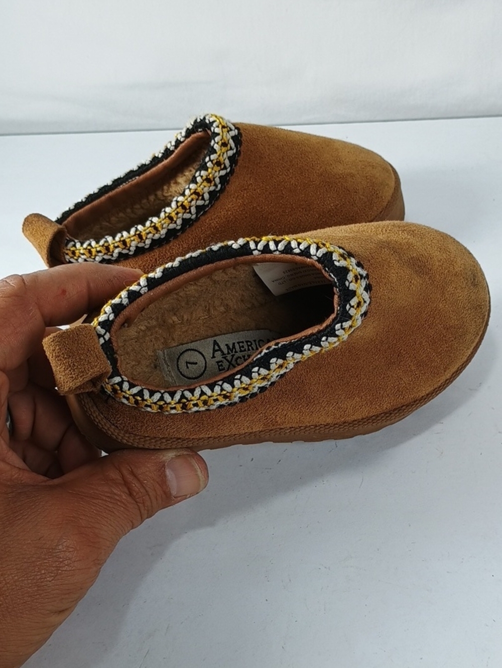 American Exchange Young Kids Brown Slip-On Cozy Slippers with Braided Trim